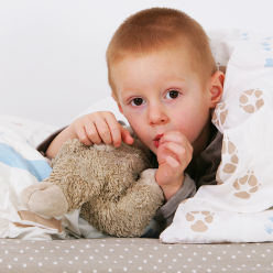 Petit garçon avec son doudou dans son lit
